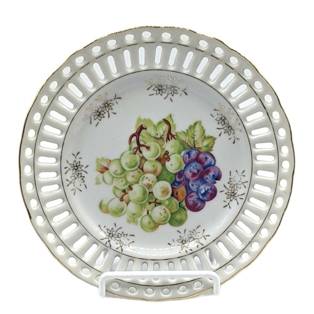 Vintage Porcelain Plate Grapes Reticulated Edge Gold Trim Japan Boho Cottagecore